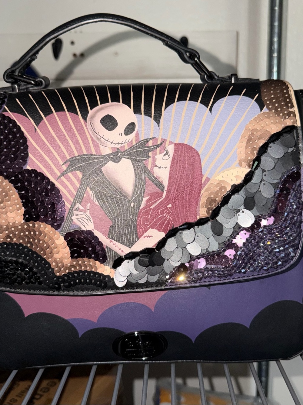 Loungefly Jack & Sally Sequin Top-Handle Satchel - Black, Purple & Pink
